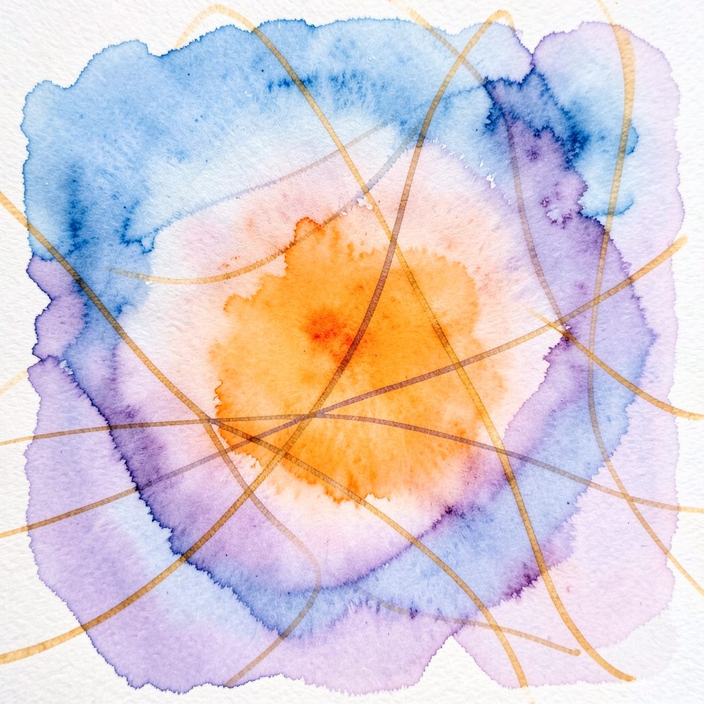 A loose watercolour composition of layered blue and violet washes with warm amber accents, suggesting digital connectivity through soft intersecting lines.
