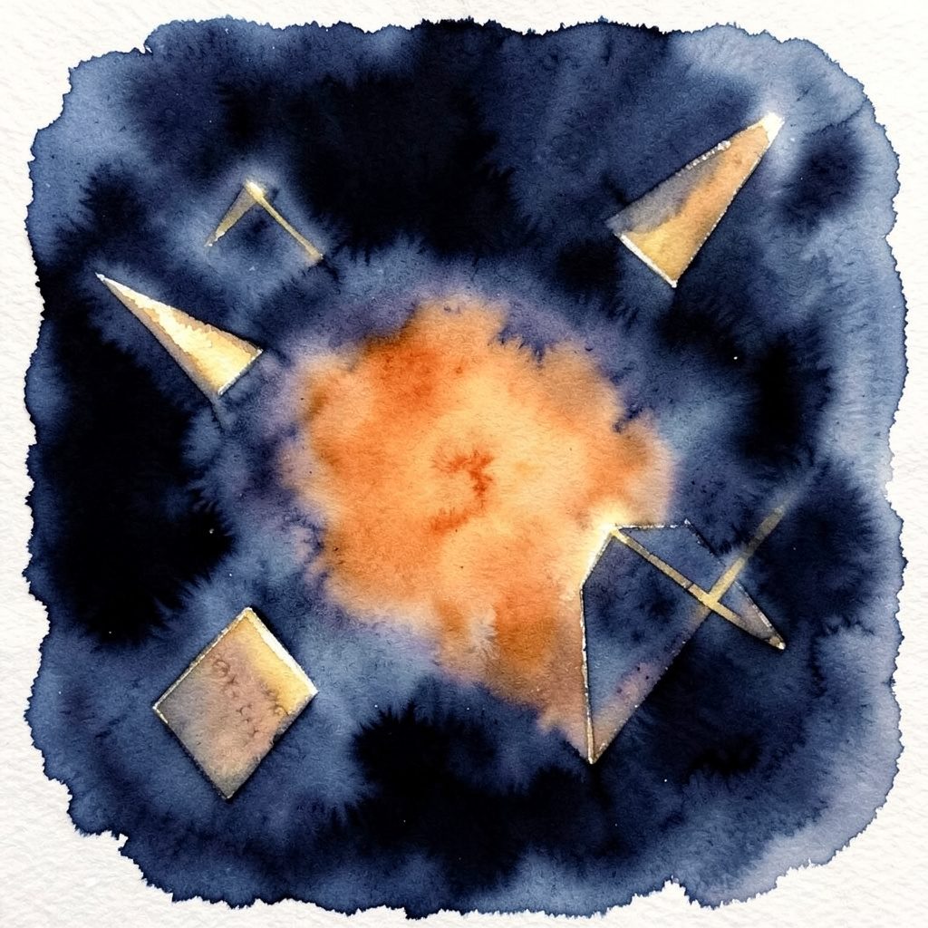 A watercolour painting in deep navy and indigo tones with soft golden highlights, depicting abstract geometric shapes floating in a dark atmospheric space.
