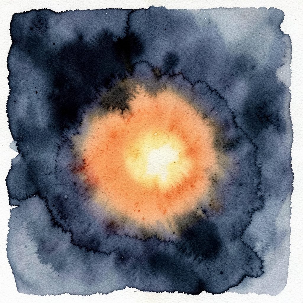 A moody watercolour piece dominated by dark indigo and slate blue, with a single glowing golden-yellow focal point near the center.