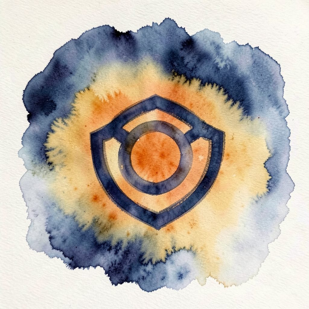 A soft watercolour wash of deep indigo and navy blues blending into warm golden-amber tones, with a circular abstract emblem at center suggesting a digital tool or shield motif, painted in loose brushstrokes.